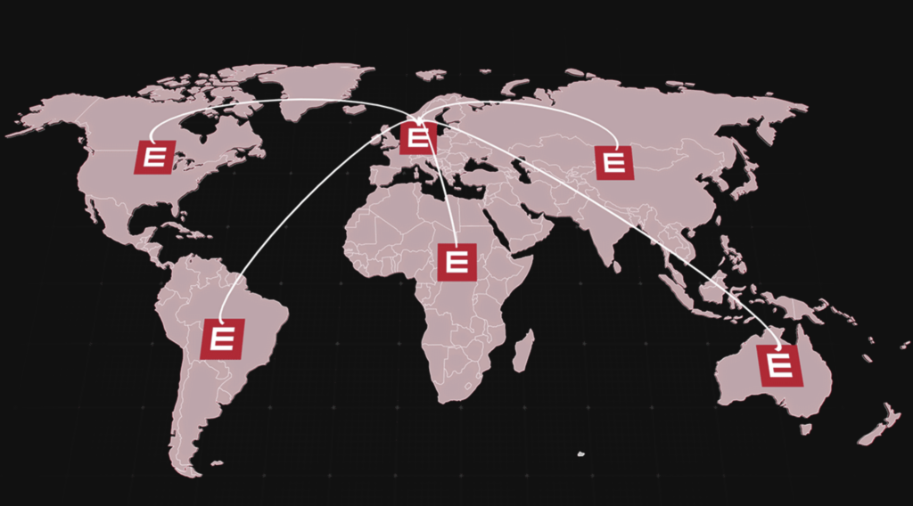 A map in Element Logic colors with one logo in each continent.