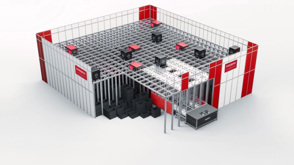 An illustration of an AutoStore grid with Red Line and Black Line robots running on top.