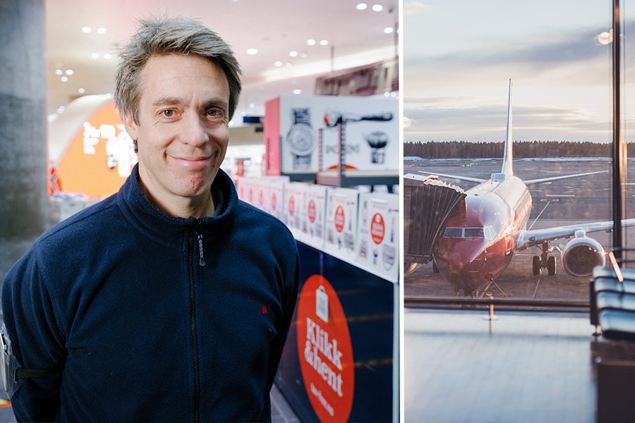 A photo collage with TRN's Øyvind Andersen next to a photo of an airplane on gate