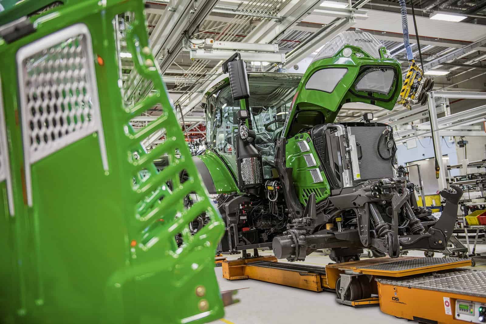 The Fendt warehouse with green tractors