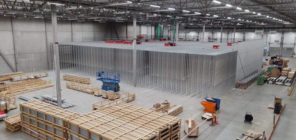 The interior of Swedol logistics center while assembling the AutoStore grid.