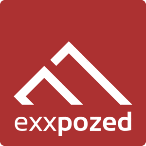 The eXXpozed logo in white on red background