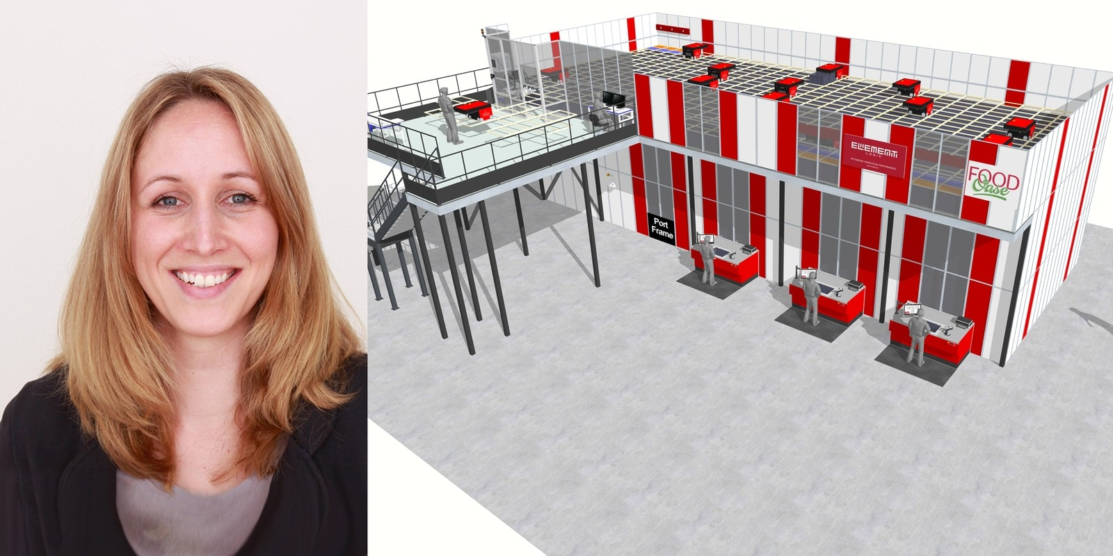 Image collage of Sandra Neuber, and an automated warehouse