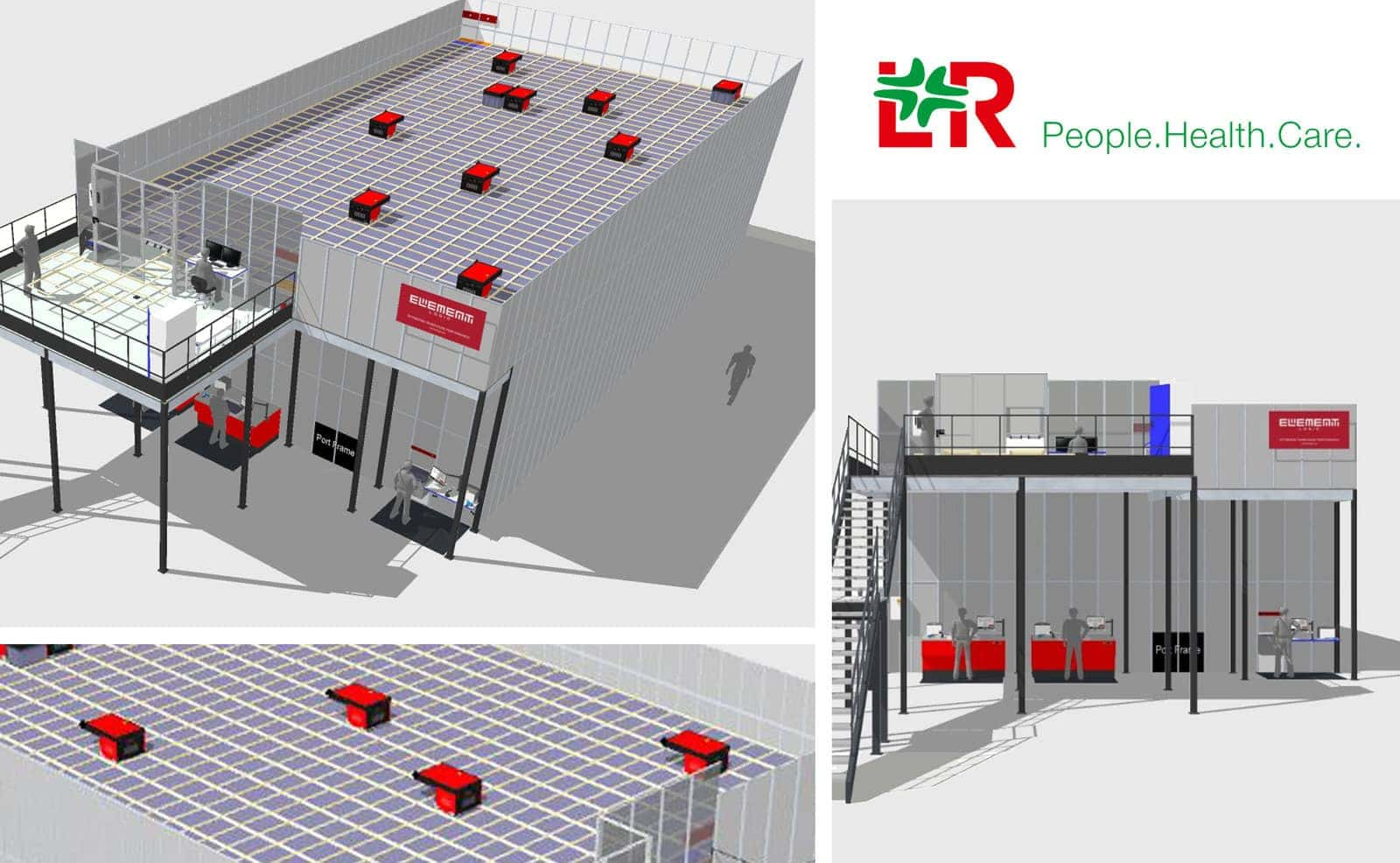 Collage of illustrations of automated warehouses and the logo of Lohmann & Rauscher