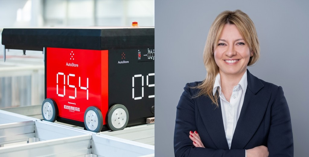 Image of an Autostore robot and Anna Wiśniewska, Managing Director Element Logic Poland 