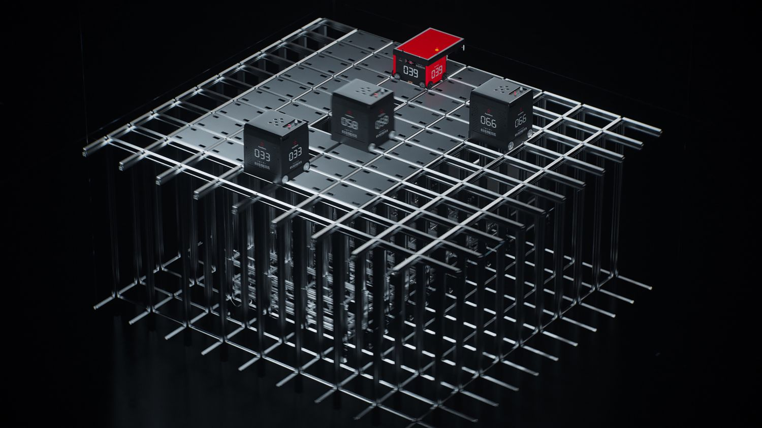 Illustration of an autostore grid with black and red line robots