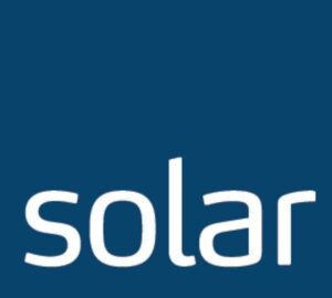 The white solar logo on blue background