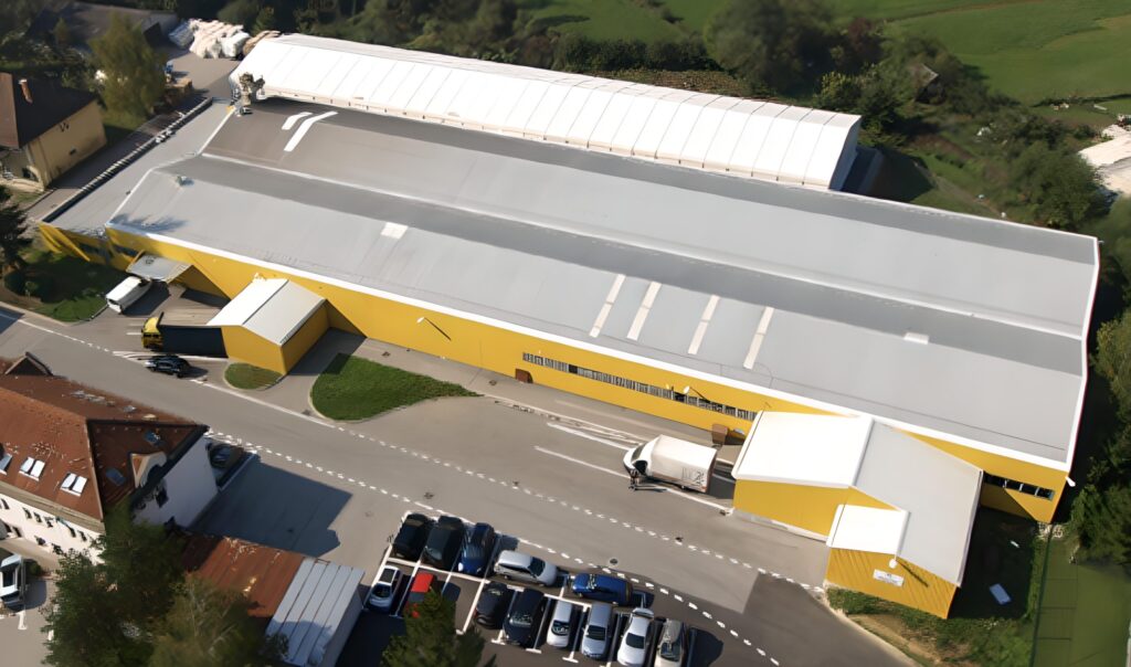 A bird view picture of the yellow Intersocks warehouse.