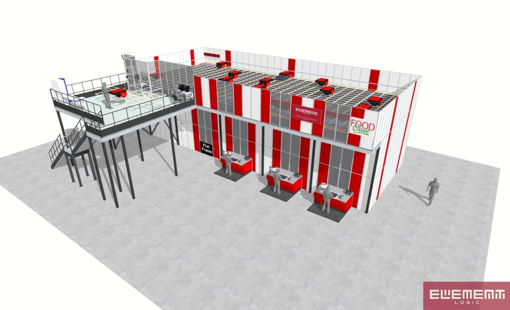 Renderizado aéreo del sistema AutoStore en el almacén de FoodOase, mostrando su estructura y estaciones de trabajo.