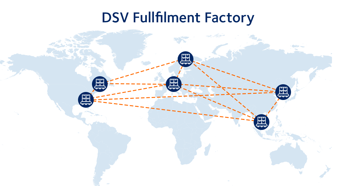 Mapa mundial con los centros de microfulfilment de DSV marcados