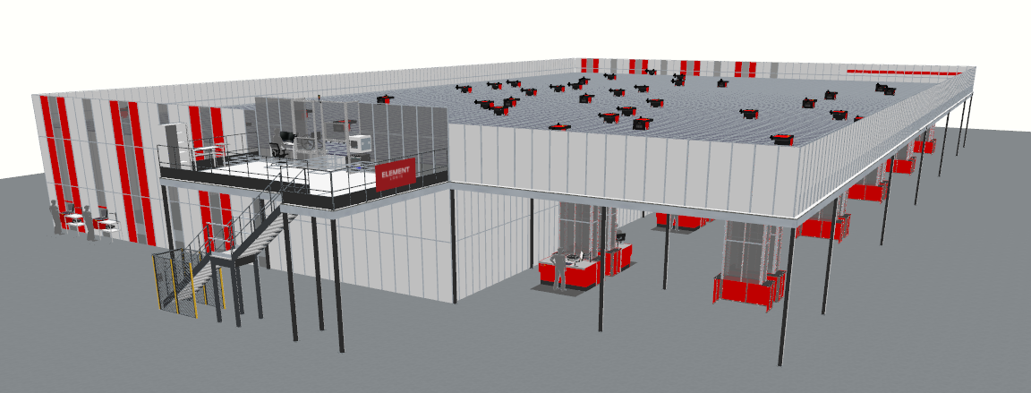 Render 3D de un almacén automatizado de Element Logic con el sistema AutoStore.