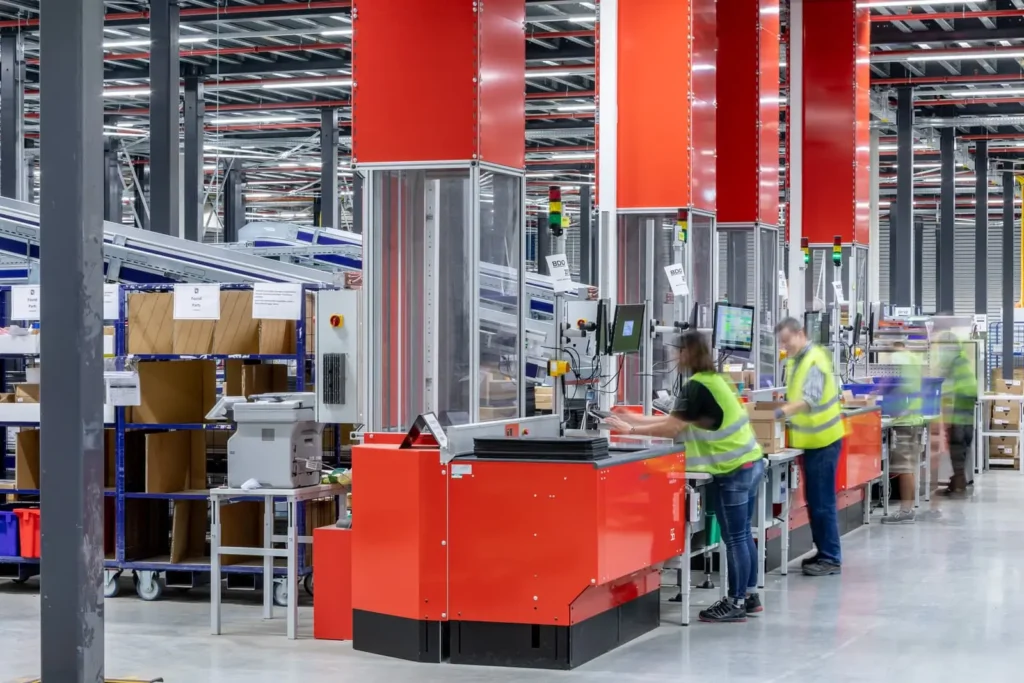 Trabajadores operando en una línea de preparación de pedidos automatizada en un almacén AutoStore, utilizando estaciones de picking goods-to-person con pantallas y equipos especializados.