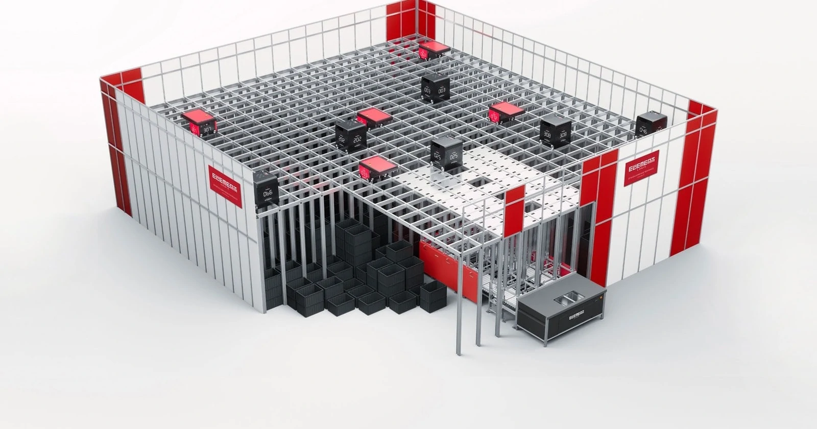 Renderizado de un sistema de almacenamiento AutoStore con robots rojos y negros desplazándose sobre una cuadrícula gris encima de contenedores de almacenamiento, rodeado por paredes con el logotipo de Element Logic.