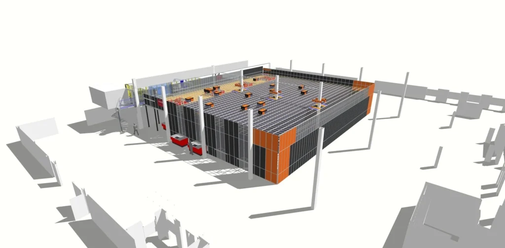 3D-layout van Hatstore`s AutoStore-oplossing, met in totaal 18 robots en 12.000 bins.