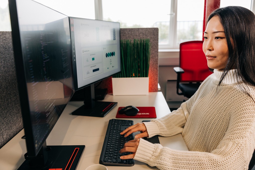 donna che lavora al pc utilizzando un programma di magazzino