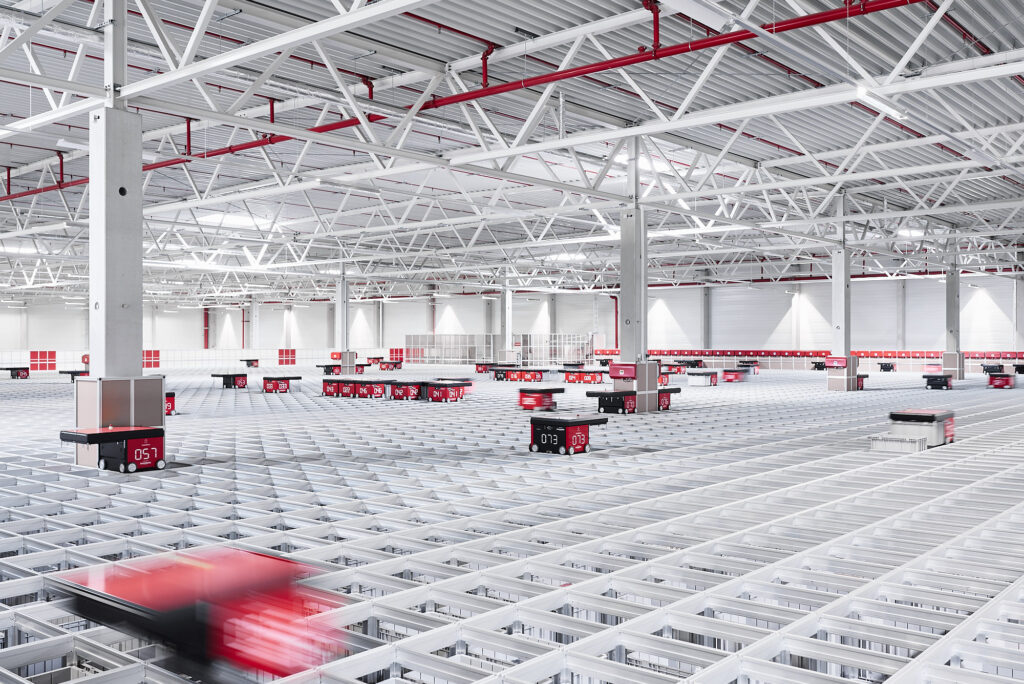 top of autostore grid with robots in motion