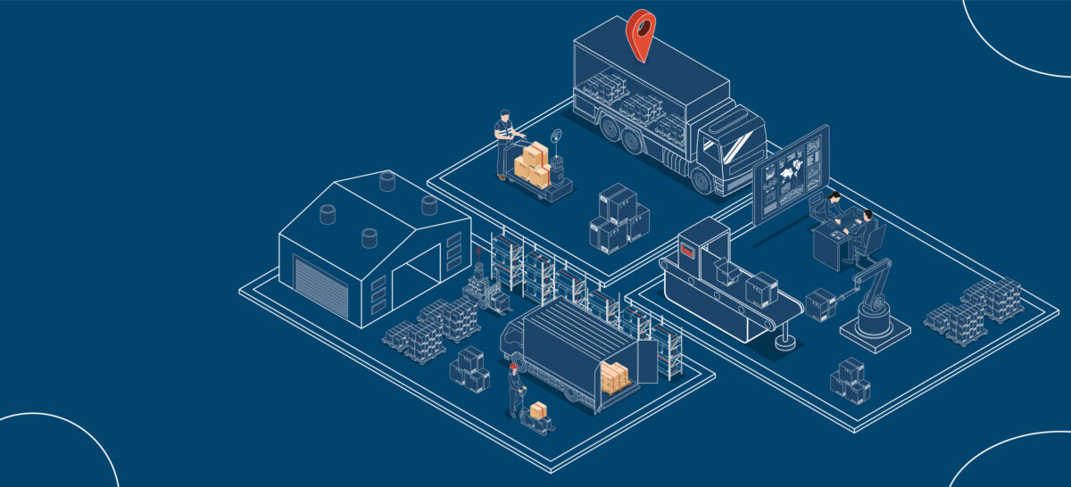 cartoonish warehouse layout depicting a full DC operation.