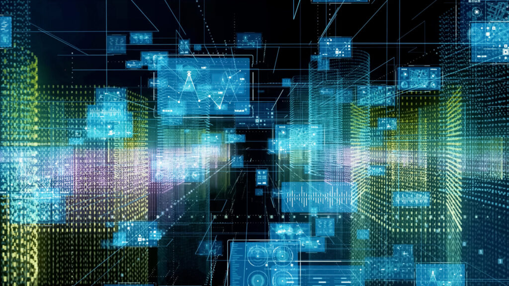 Graphic depicting various data points and interconnected technology.