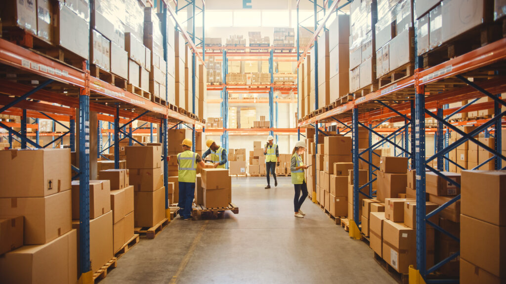 Retail Warehouse full of Shelves with Goods in Cardboard Boxes, Workers Scan and Sort Packages