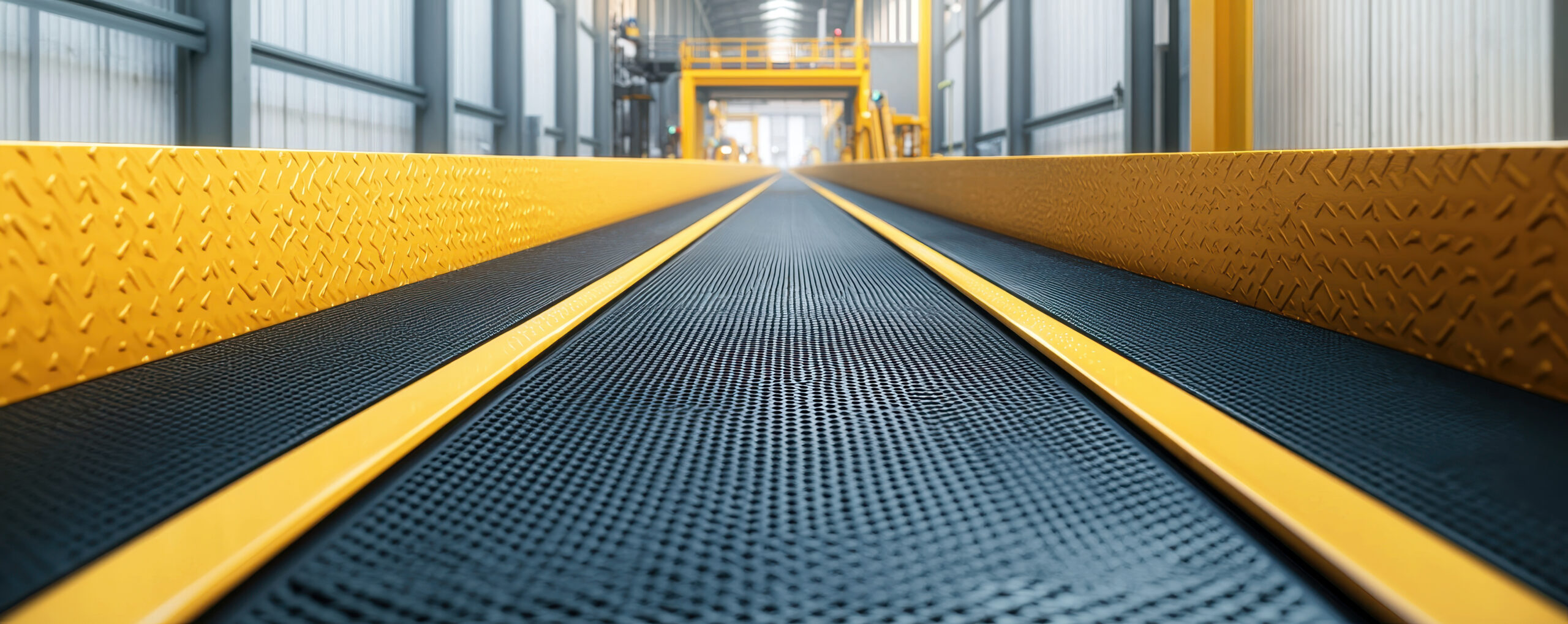 Modern industrial interior featuring conveyor belt system designed for efficient material handling. vibrant yellow accents contrast with black surface, creating dynamic workspace